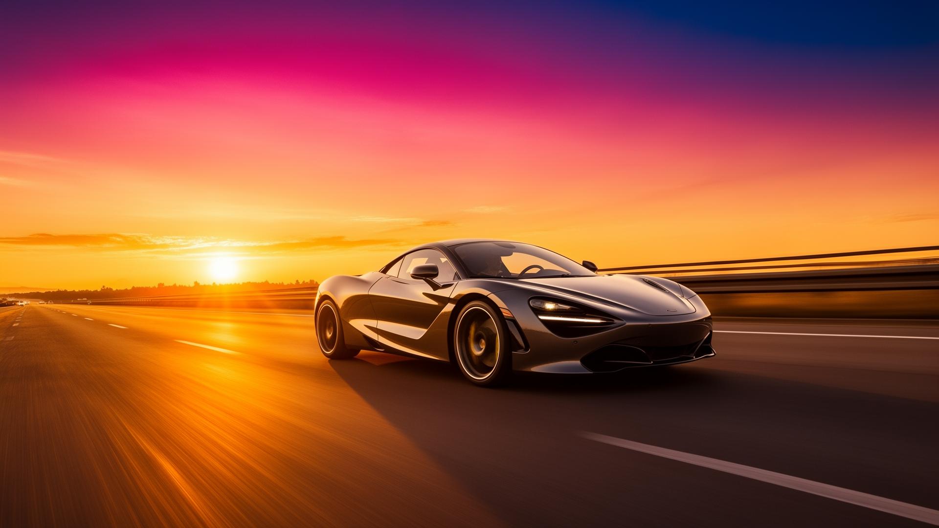 Sports car driving into a sunset